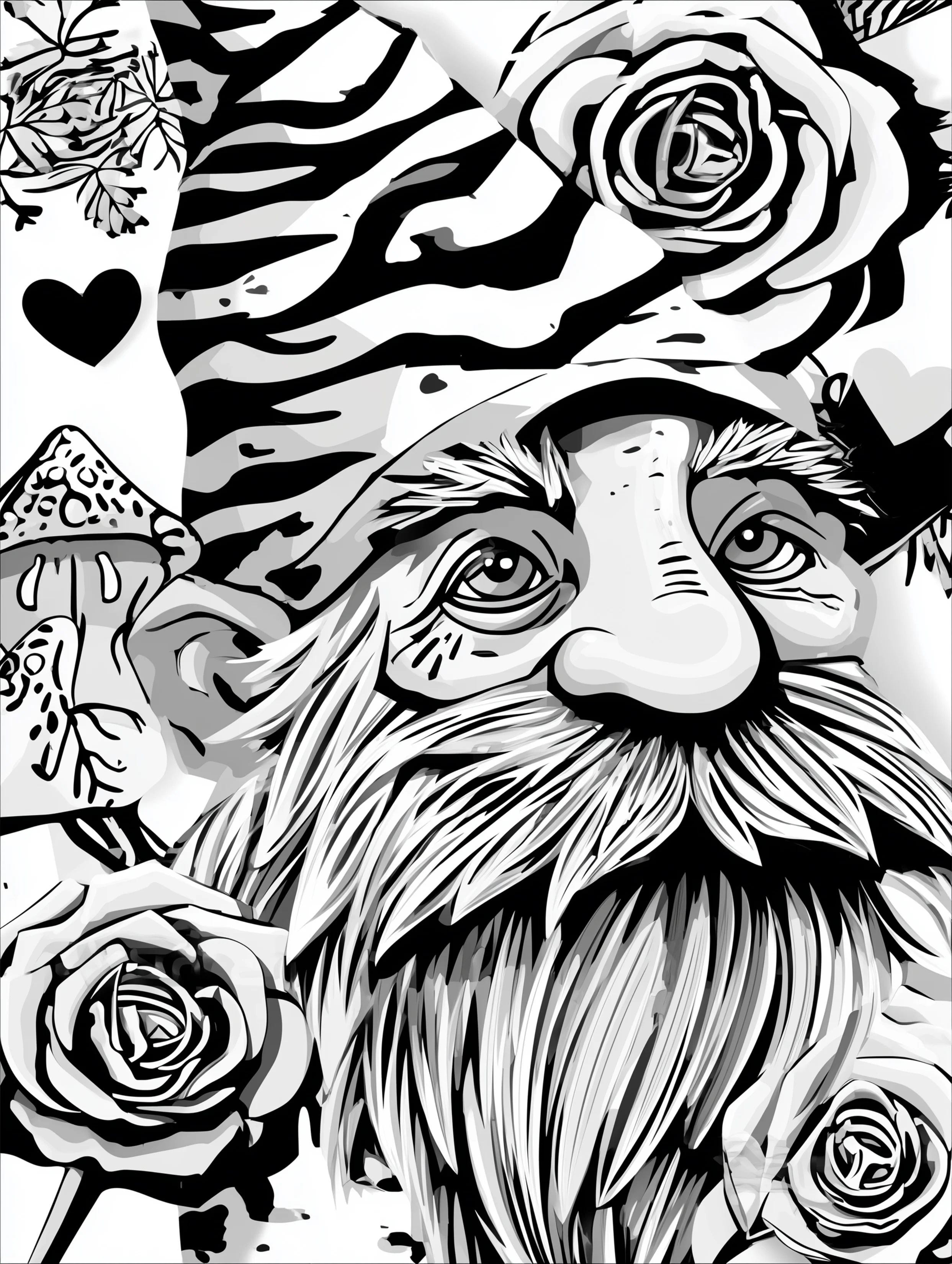 Free printable gnome coloring page for adults featuring a gnome with a big beard